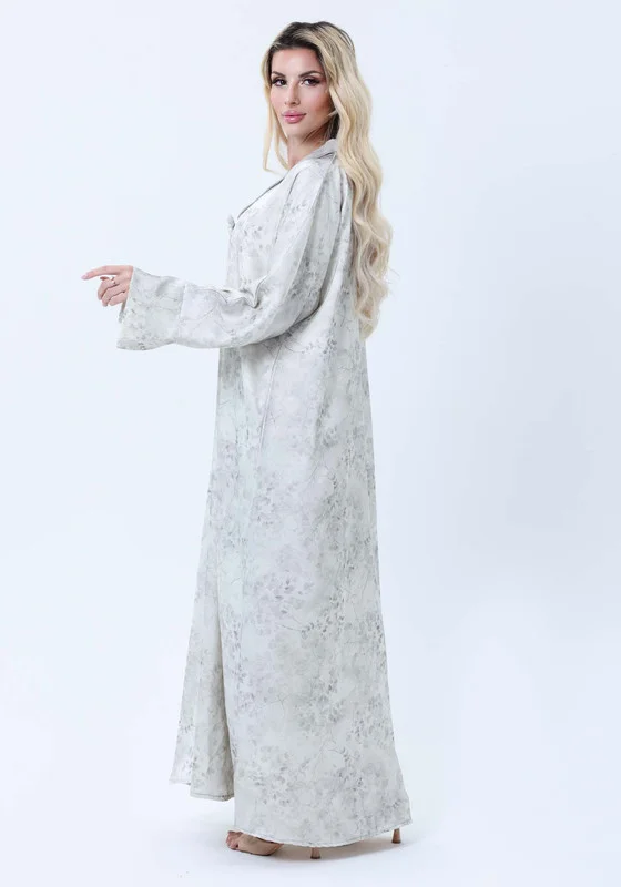 MSquare Fashion Premium Floral Print Abaya with Collar Detail - Elegant Cream & Gray with Headscarf
