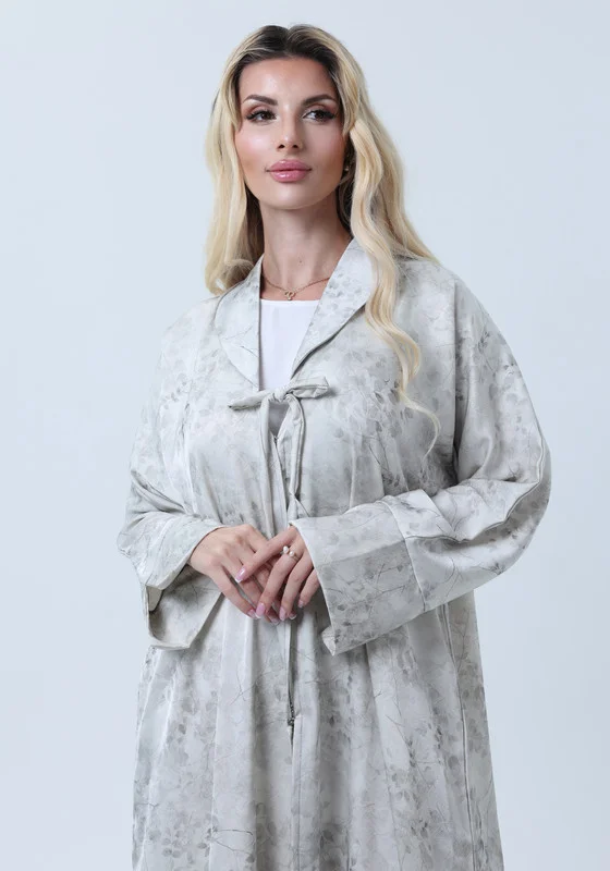MSquare Fashion Premium Floral Print Abaya with Collar Detail - Elegant Cream & Gray with Headscarf