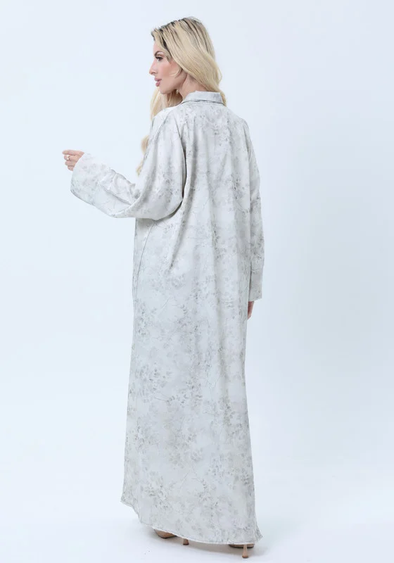 MSquare Fashion Premium Floral Print Abaya with Collar Detail - Elegant Cream & Gray with Headscarf