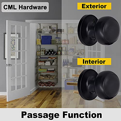 CML Hardware Matte Black Passage Door Knob, Interior Door Lock for Hallway Closet, No Locking, Keyless Round Ball Handle - Image 3