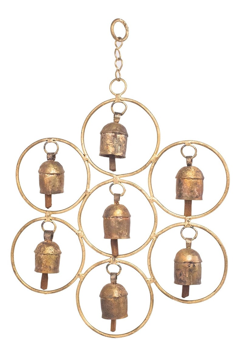 Ethnics of Kutch Ethnics of Kutch Hand Made Metal Bells Wrought Iron CopperZinc Coated Home Dcor Chimes Cow Bell Ring of The Ring 7 Bells 31 cms Length Colour Copper BEL0004
