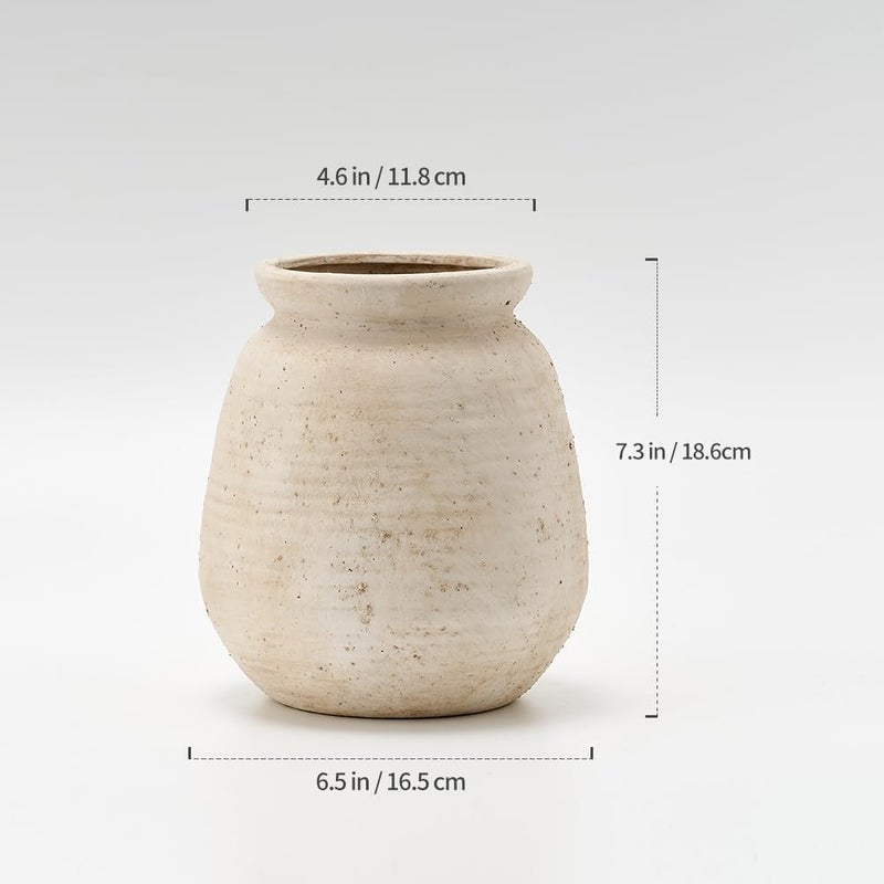 SIDUCAL Ceramic Rustic Farmhouse Vase | 7.3 Inch Pottery Decorative Flower for Home Decor | Sand Glaze Finish Boho Vase for Table, Living Room, Bathroom Decoration, Shelf Decor, Mantel, White - Image 3