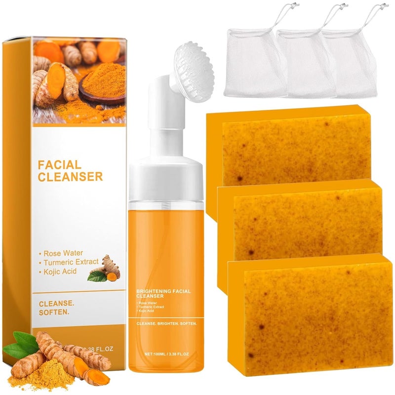 TPTAL Turmeric Wash and Care Two Piece Set Tuemeric Facial Cleanser Turmeric Soap BarFace Body Cleanser Turmeric Face Wash and Natural Turmerics Handmade Soap Deep Cleansing - Image 1
