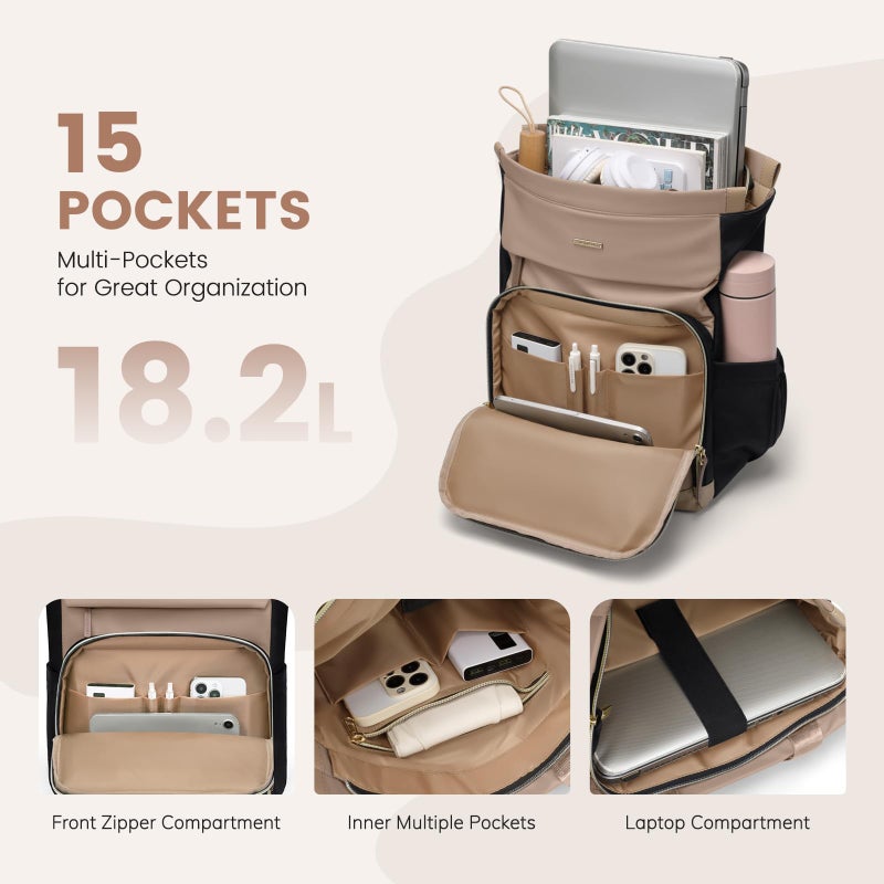 GOLF QUALITY Convertible Daypack Laptop Backpack for Women Men Carry on Tote Backpack Bookbag for College Work Nurse Travel,16Inch,Champagne Brown Black - Image 3