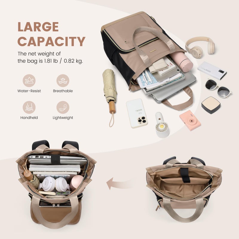 GOLF QUALITY Convertible Daypack Laptop Backpack for Women Men Carry on Tote Backpack Bookbag for College Work Nurse Travel,16Inch,Champagne Brown Black - Image 5