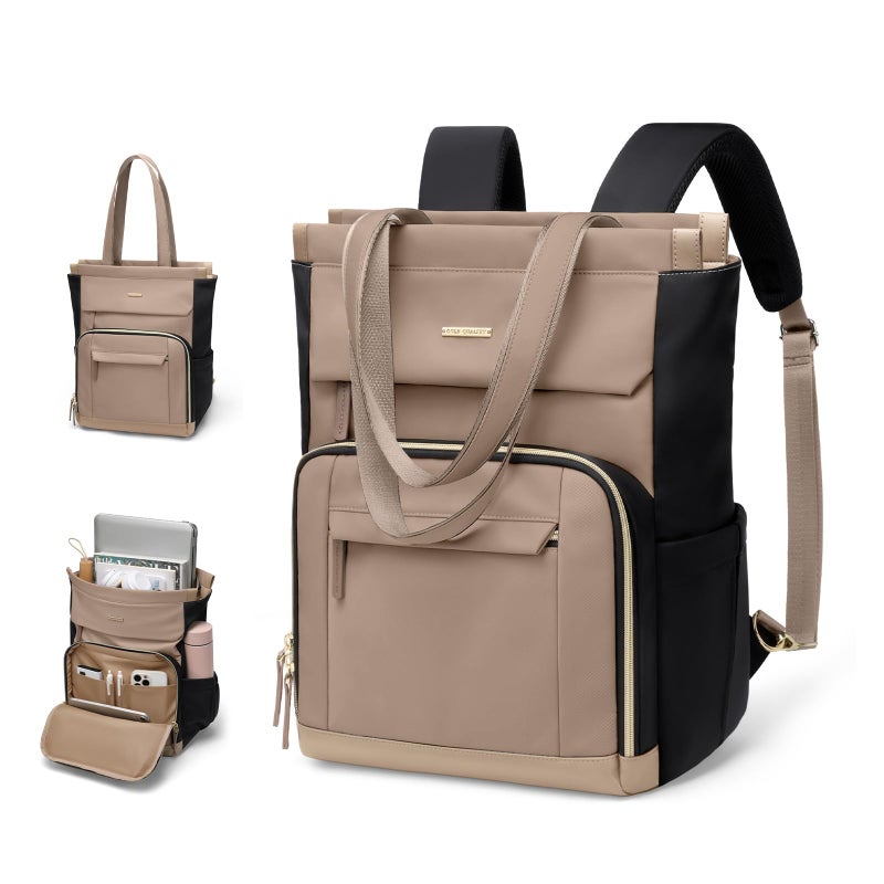 GOLF QUALITY Convertible Daypack Laptop Backpack for Women Men Carry on Tote Backpack Bookbag for College Work Nurse Travel,16Inch,Champagne Brown Black - Image 1