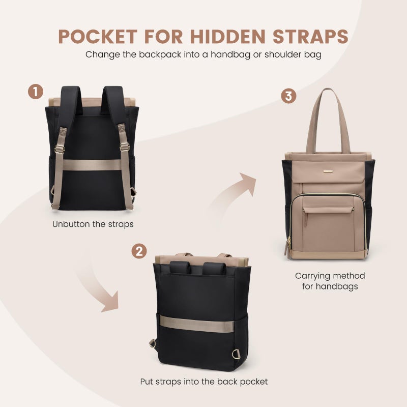 GOLF QUALITY Convertible Daypack Laptop Backpack for Women Men Carry on Tote Backpack Bookbag for College Work Nurse Travel,16Inch,Champagne Brown Black - Image 4