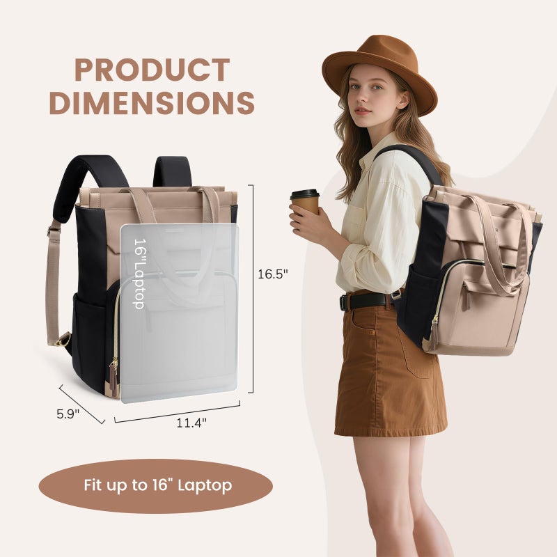 GOLF QUALITY Convertible Daypack Laptop Backpack for Women Men Carry on Tote Backpack Bookbag for College Work Nurse Travel,16Inch,Champagne Brown Black - Image 2