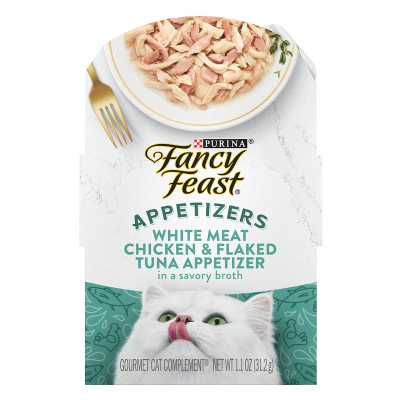 Fancy Feast Purina Fancy Feast Appetizers Lickable Grain Free Wet Cat Food Topper White Meat Chicken and Flaked Tuna Appetizer - (Pack of 10) 1.1 oz. Trays - Image 1