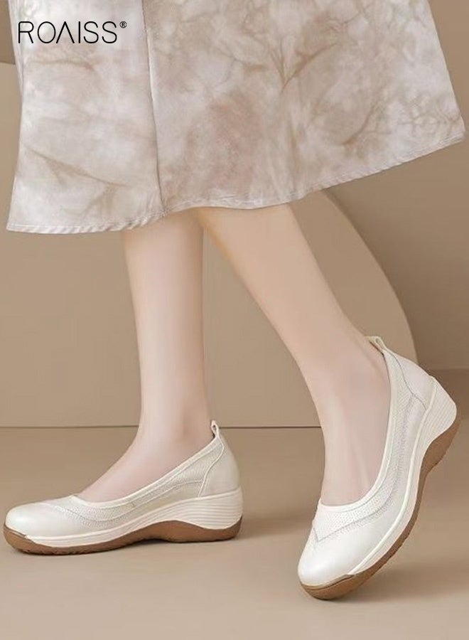 roaiss Women's Soft-Soled Comfortable Non-Slip Loafers Casual Daily Wear Breathable Slip-On Shoes with Added Height, Solid Color Round Toe Flats for Commuting, Shopping and Leisure Activities Beige - Image 1