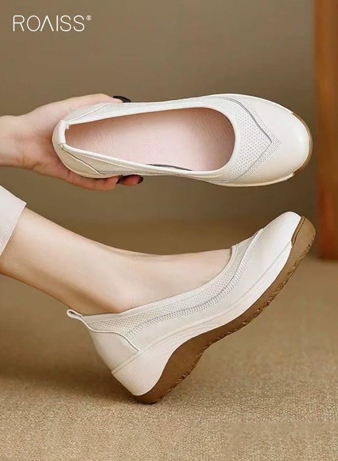 roaiss Women's Soft-Soled Comfortable Non-Slip Loafers Casual Daily Wear Breathable Slip-On Shoes with Added Height, Solid Color Round Toe Flats for Commuting, Shopping and Leisure Activities Beige - Image 3