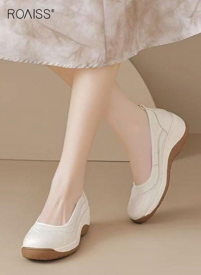 roaiss Women's Soft-Soled Comfortable Non-Slip Loafers Casual Daily Wear Breathable Slip-On Shoes with Added Height, Solid Color Round Toe Flats for Commuting, Shopping and Leisure Activities Beige - Image 2