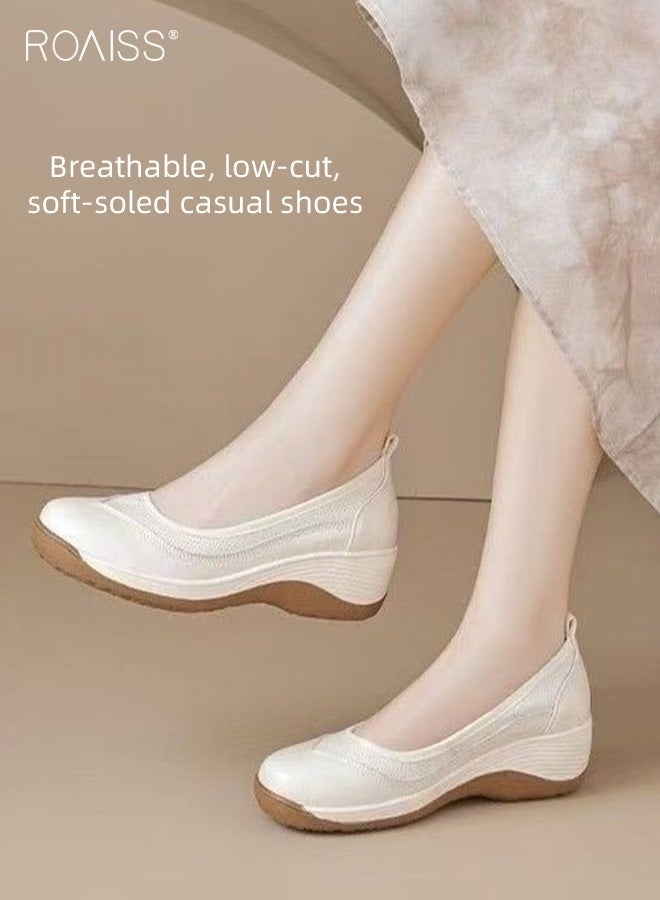 roaiss Women's Soft-Soled Comfortable Non-Slip Loafers Casual Daily Wear Breathable Slip-On Shoes with Added Height, Solid Color Round Toe Flats for Commuting, Shopping and Leisure Activities Beige - Image 4
