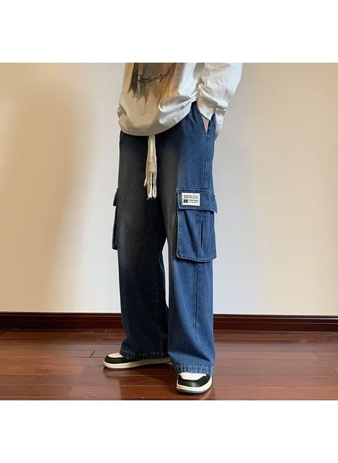 Mens Retro High Street Loose Denim Pants Blue