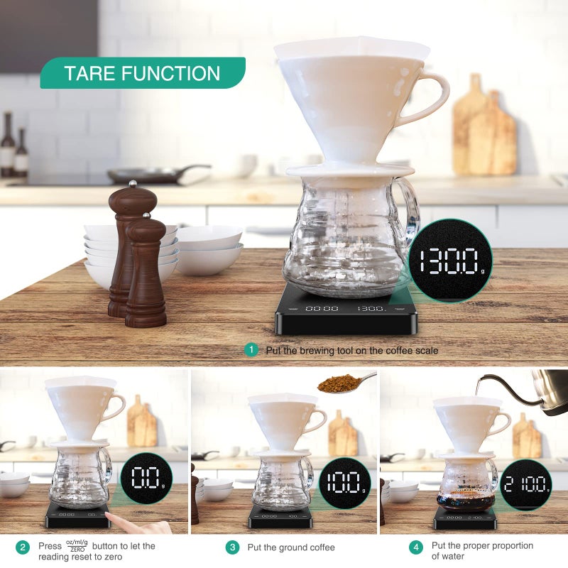 ORIA Digital Coffee Scale with Timer, Rechargeable Espresso Scale, 3kg/0.1g Mini Coffee Scale Drip Espresso Scale, Food Scale with 3 Units, Tare Function, Auto Off, Measures in g/oz/ml - Image 5