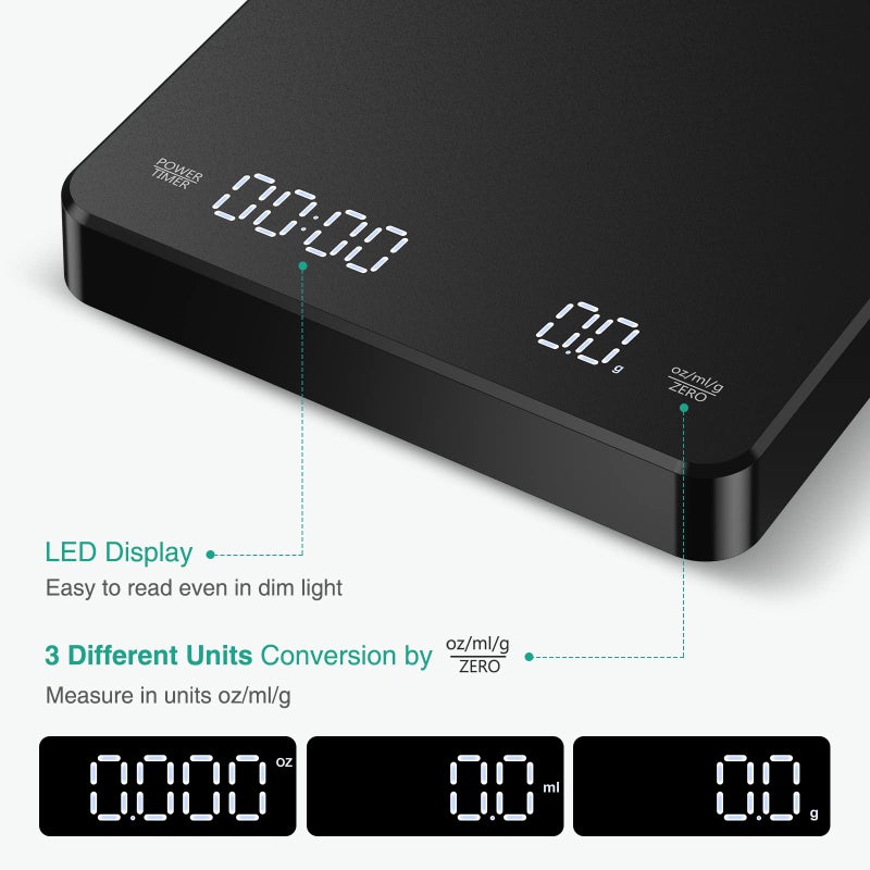 ORIA Digital Coffee Scale with Timer, Rechargeable Espresso Scale, 3kg/0.1g Mini Coffee Scale Drip Espresso Scale, Food Scale with 3 Units, Tare Function, Auto Off, Measures in g/oz/ml - Image 3