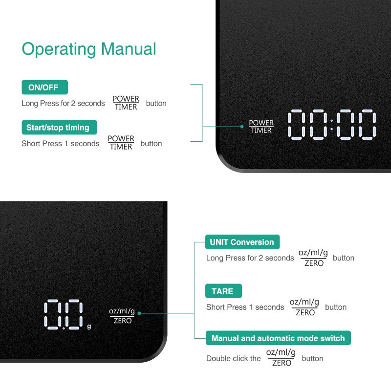 ORIA Digital Coffee Scale with Timer, Rechargeable Espresso Scale, 3kg/0.1g Mini Coffee Scale Drip Espresso Scale, Food Scale with 3 Units, Tare Function, Auto Off, Measures in g/oz/ml - Image 4