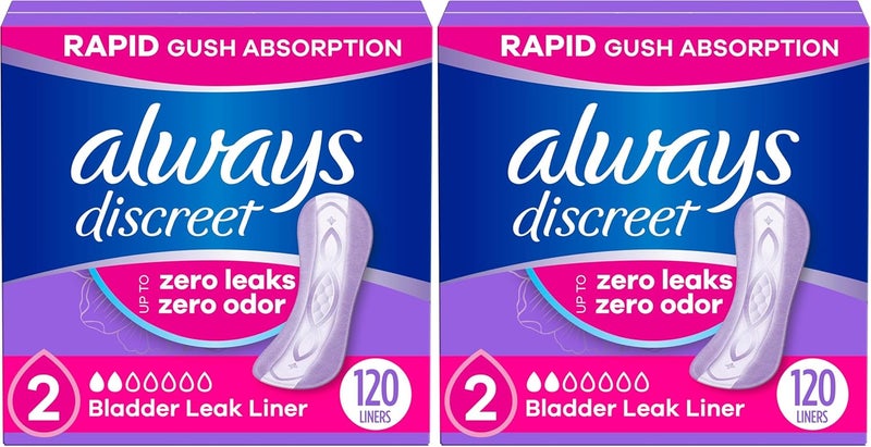 Always Discreet Adult Incontinence  Postpartum Liners for Women Size 2 Very Light Absorbency Regular Length 120 Count Packaging May Vary Pack of 2 - Image 1