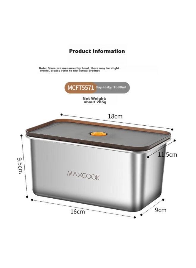 MAX COOK Meichun 304 Stainless Steel Food Storage Container With Lid, Lunch Box, Bento Box, Refrigerator Sealed Storage Box, 1500ml, Mcft5571 - Image 2