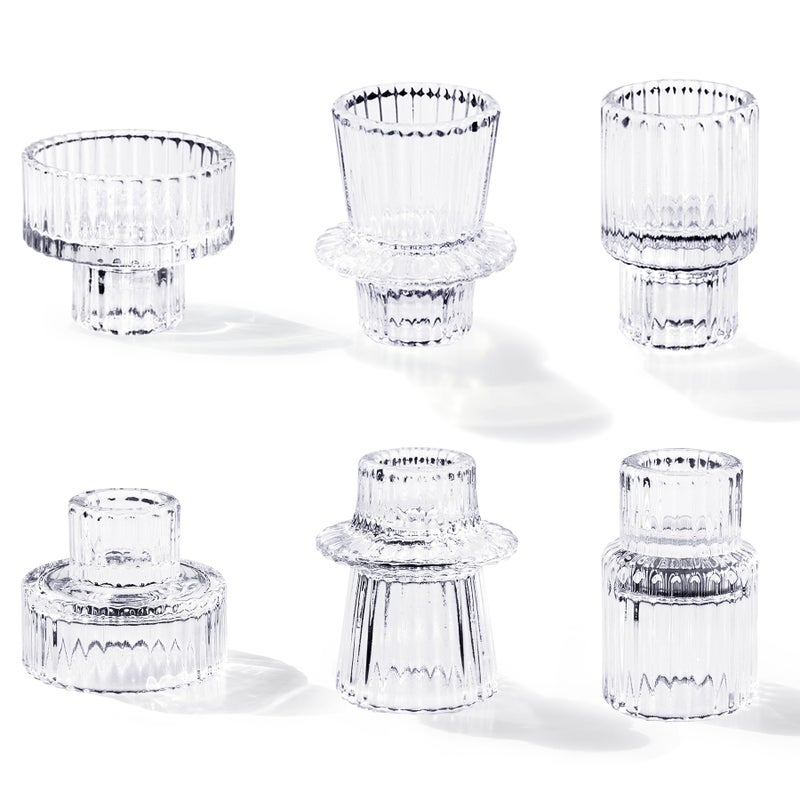 Toptime Candle Holders Set of 6 Glass Pinstripe Pattern Reversible Tealight  Taper Holders for Wedding Dinner Party Festival