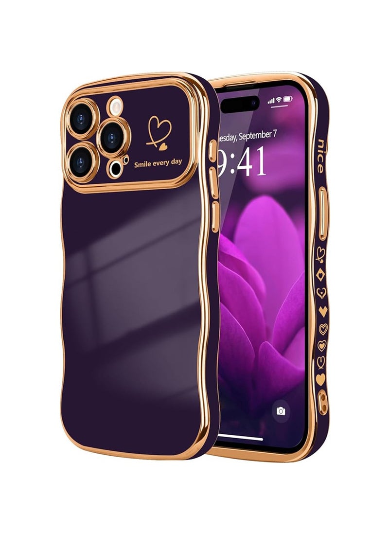 X-level - iPhone 15 Pro Max Case for Women Girls,Cute Wave Frame Curly Shape with Love Heart Raised Camera Protection Back Cover Luxury Plating Shockproof Phone Case for iPhone 15 Pro Max,Dark Purple - Image 1