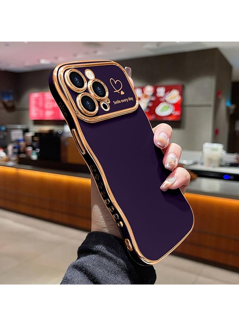 X-level - iPhone 15 Pro Max Case for Women Girls,Cute Wave Frame Curly Shape with Love Heart Raised Camera Protection Back Cover Luxury Plating Shockproof Phone Case for iPhone 15 Pro Max,Dark Purple - Image 1