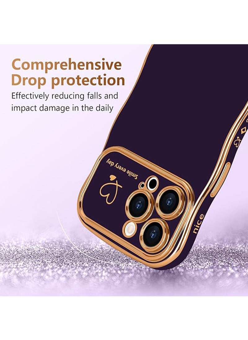 X-level - iPhone 15 Pro Max Case for Women Girls,Cute Wave Frame Curly Shape with Love Heart Raised Camera Protection Back Cover Luxury Plating Shockproof Phone Case for iPhone 15 Pro Max,Dark Purple - Image 1