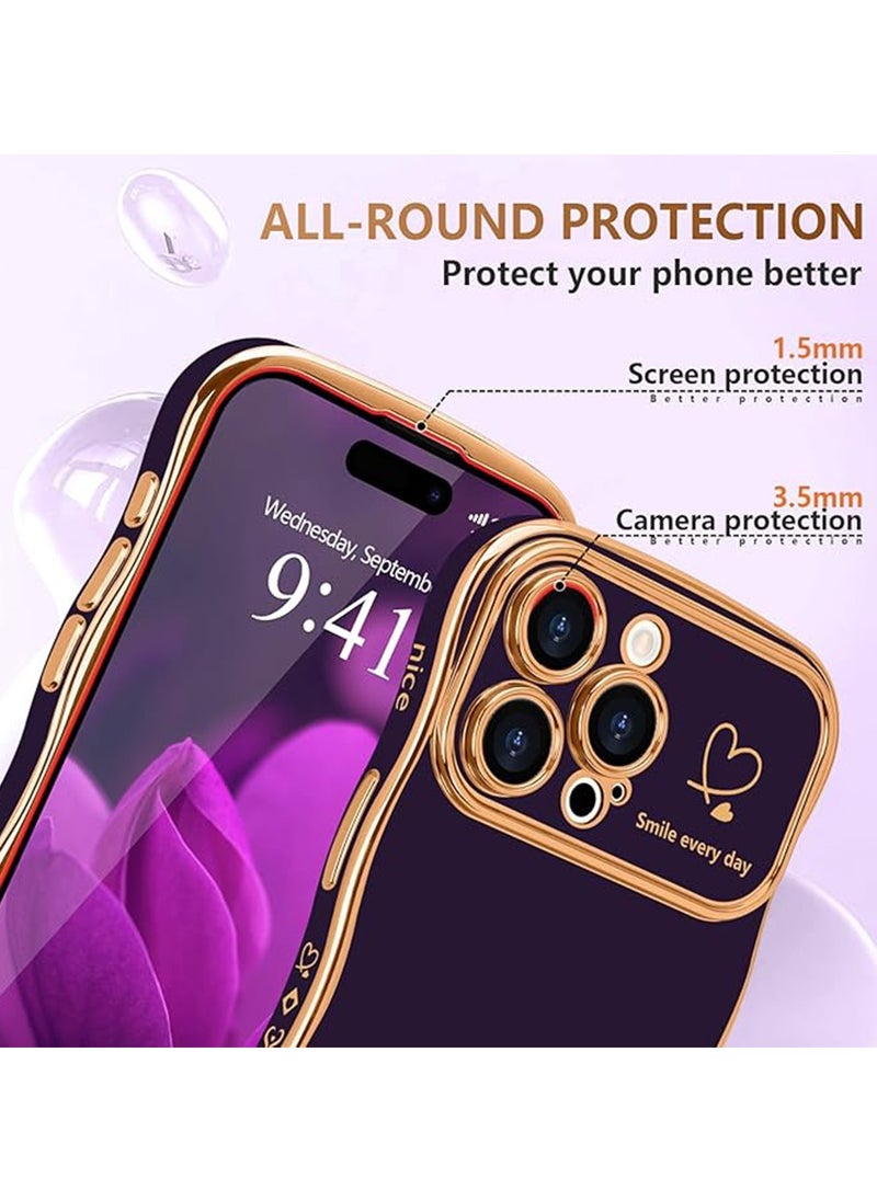 X-level - iPhone 15 Pro Max Case for Women Girls,Cute Wave Frame Curly Shape with Love Heart Raised Camera Protection Back Cover Luxury Plating Shockproof Phone Case for iPhone 15 Pro Max,Dark Purple - Image 1