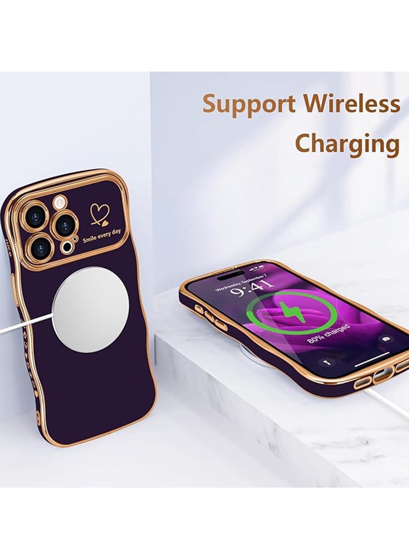 X-level - iPhone 15 Pro Max Case for Women Girls,Cute Wave Frame Curly Shape with Love Heart Raised Camera Protection Back Cover Luxury Plating Shockproof Phone Case for iPhone 15 Pro Max,Dark Purple - Image 1