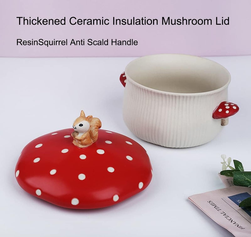 RESVUGA Large Soup Bowl Double Mushroom Handle Mushroom Lid Safety Matt Ceramics 32 oz Noodles Bowls Use for Stew Salad Porridge More - Image 2