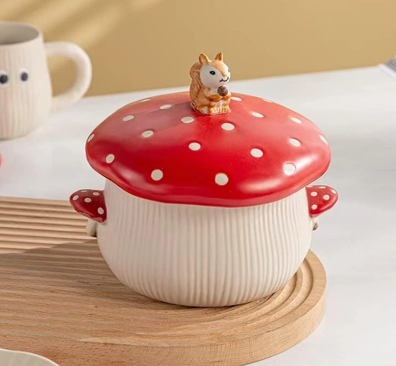 RESVUGA Large Soup Bowl Double Mushroom Handle Mushroom Lid Safety Matt Ceramics 32 oz Noodles Bowls Use for Stew Salad Porridge More - Image 5