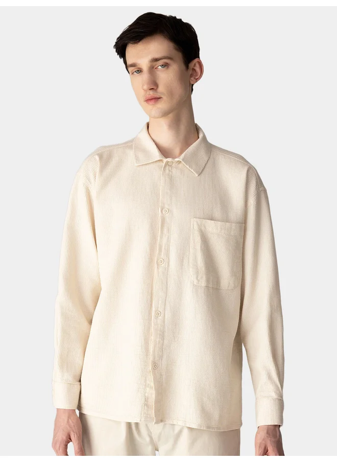 DeFacto DeFacto Mens Cream Button-Down Plain Long Sleeve Shirt