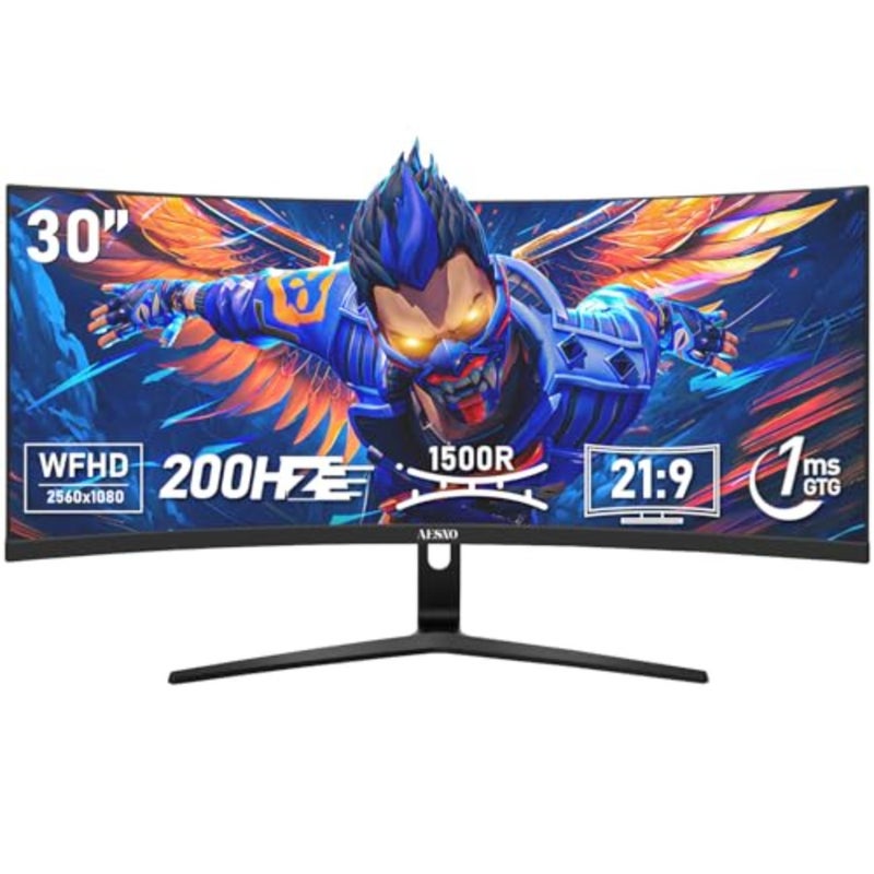 شاشة ألعاب 30 بوصة WFHD 2560×1080 200 هرتز فائقة العرض 21:9 منحنية 1500R شاشة كمبيوتر FreeSync 1ms(GTG) 100 sRGB مناسبة للمنزل والمكتب وتحرير الفيديو والصور وألعاب الفيديو - Image 1