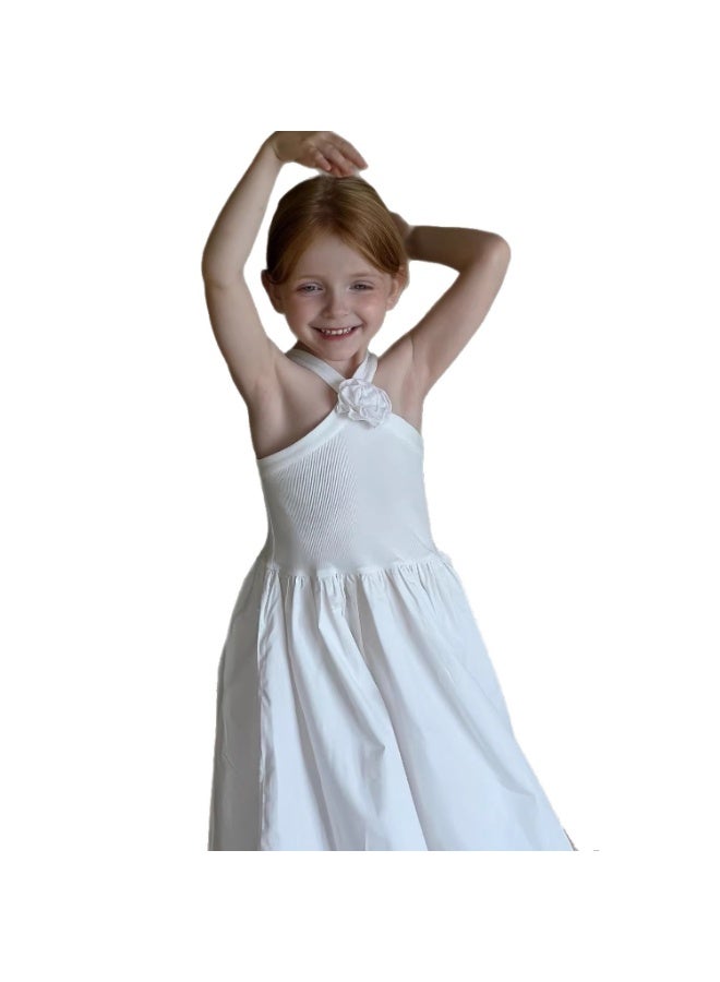أطفال الأبيض بلا أكمام هالتر Sundress مع 3D الزهور ديكور، الصليب ظهر كامي فستان، فضفاضة مطوية القطن فستان للبنات يوميا ارتداء العادي - Image 1