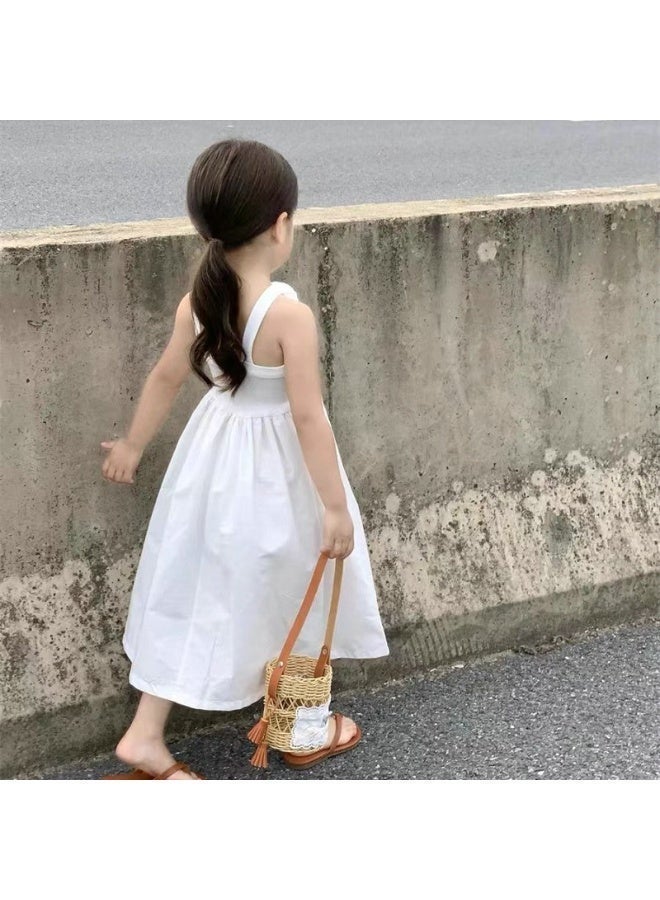 أطفال الأبيض بلا أكمام هالتر Sundress مع 3D الزهور ديكور، الصليب ظهر كامي فستان، فضفاضة مطوية القطن فستان للبنات يوميا ارتداء العادي - Image 4