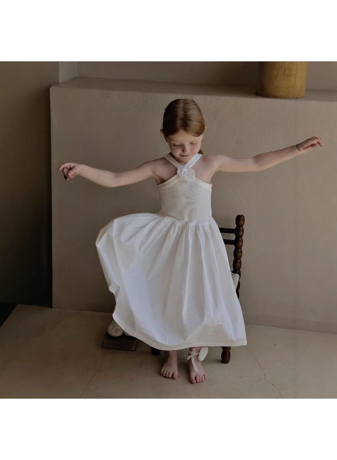 أطفال الأبيض بلا أكمام هالتر Sundress مع 3D الزهور ديكور، الصليب ظهر كامي فستان، فضفاضة مطوية القطن فستان للبنات يوميا ارتداء العادي - Image 3