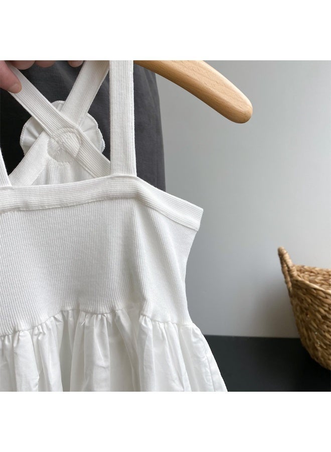 أطفال الأبيض بلا أكمام هالتر Sundress مع 3D الزهور ديكور، الصليب ظهر كامي فستان، فضفاضة مطوية القطن فستان للبنات يوميا ارتداء العادي - Image 5