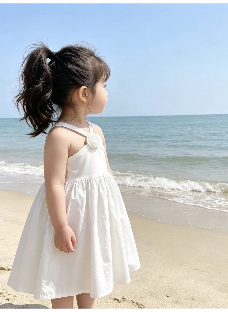 أطفال الأبيض بلا أكمام هالتر Sundress مع 3D الزهور ديكور، الصليب ظهر كامي فستان، فضفاضة مطوية القطن فستان للبنات يوميا ارتداء العادي - Image 2