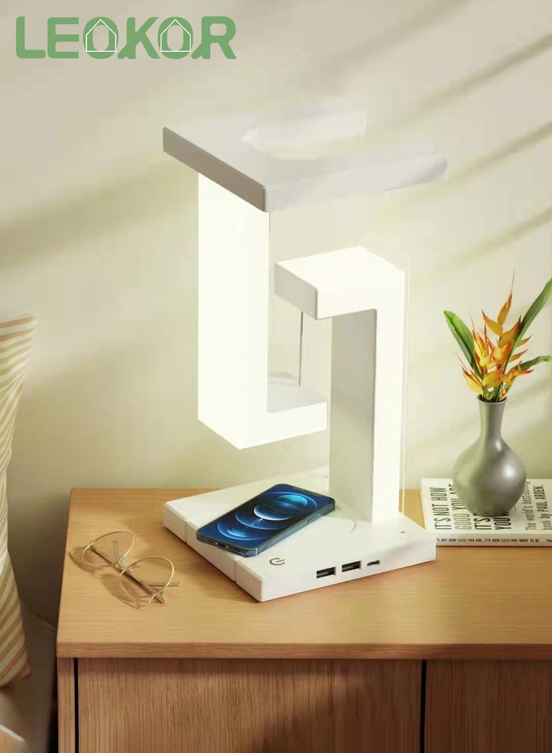 LEOKOR LED Desk Lamp Suspended Night Lights with 10w Fast Wireless Charging USB External Connection Charging Port Table Lamp - Image 1