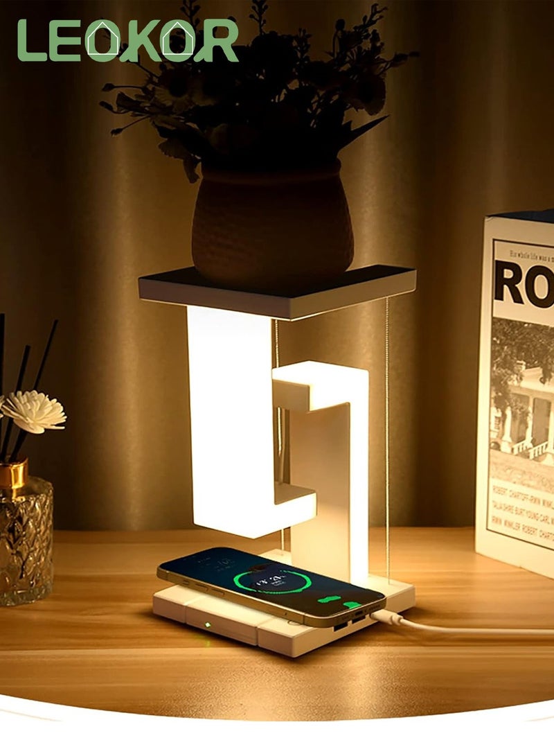 LEOKOR LED Desk Lamp Suspended Night Lights with 10w Fast Wireless Charging USB External Connection Charging Port Table Lamp - Image 2