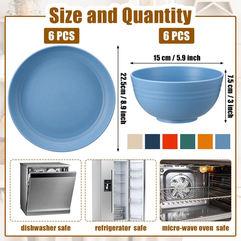 Sliner 12 Pcs Wheat Straw Dinnerware Sets Plates and Bowls, 6 Pcs 9 Inch Dinner Plates 6 Pcs 28 oz Unbreakable Cereal Bowls Lightweight Reusable Plastic Dinnerware Dishwasher Microwave Safe, 6 Color - Image 2