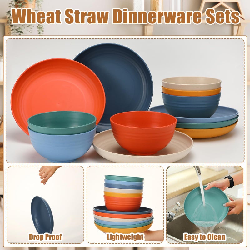 Sliner 12 Pcs Wheat Straw Dinnerware Sets Plates and Bowls, 6 Pcs 9 Inch Dinner Plates 6 Pcs 28 oz Unbreakable Cereal Bowls Lightweight Reusable Plastic Dinnerware Dishwasher Microwave Safe, 6 Color - Image 4