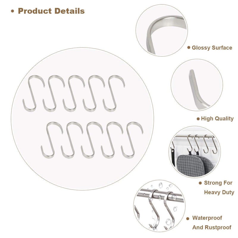 nuoshen nuosen S Hooks, 10 Pcs S Shaped Hanging Hooks Stainless Steel Flat S Hooks Pan Hooks Kitchen Hooks Heavy-duty Hangers for Kitchen Bedroom and Office - Image 2