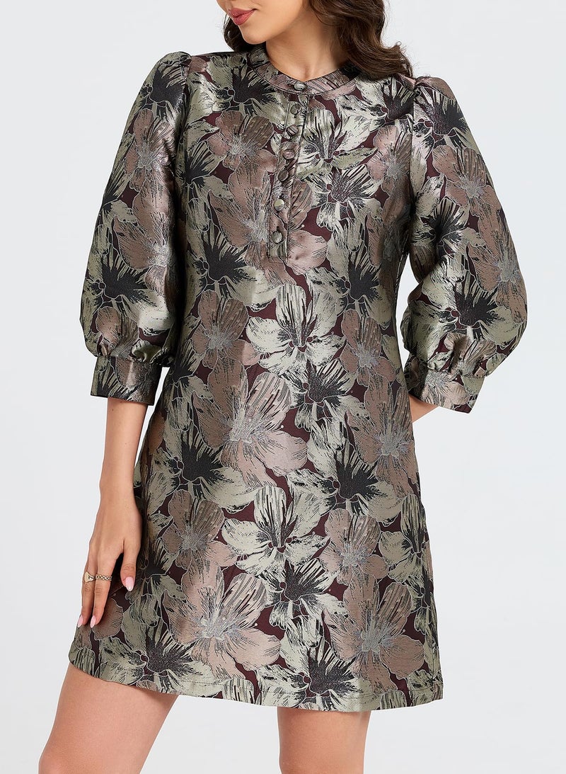 Ladyful Women's Floral Jacquard Shift Dress 2026 Long Puff Sleeve Button Up Elegant Cocktail Party Mini Dress Brown - Image 5