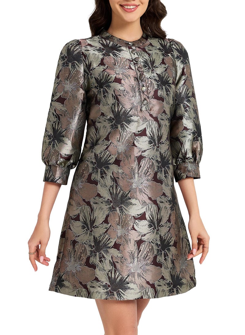 Ladyful Women's Floral Jacquard Shift Dress 2026 Long Puff Sleeve Button Up Elegant Cocktail Party Mini Dress Brown - Image 1