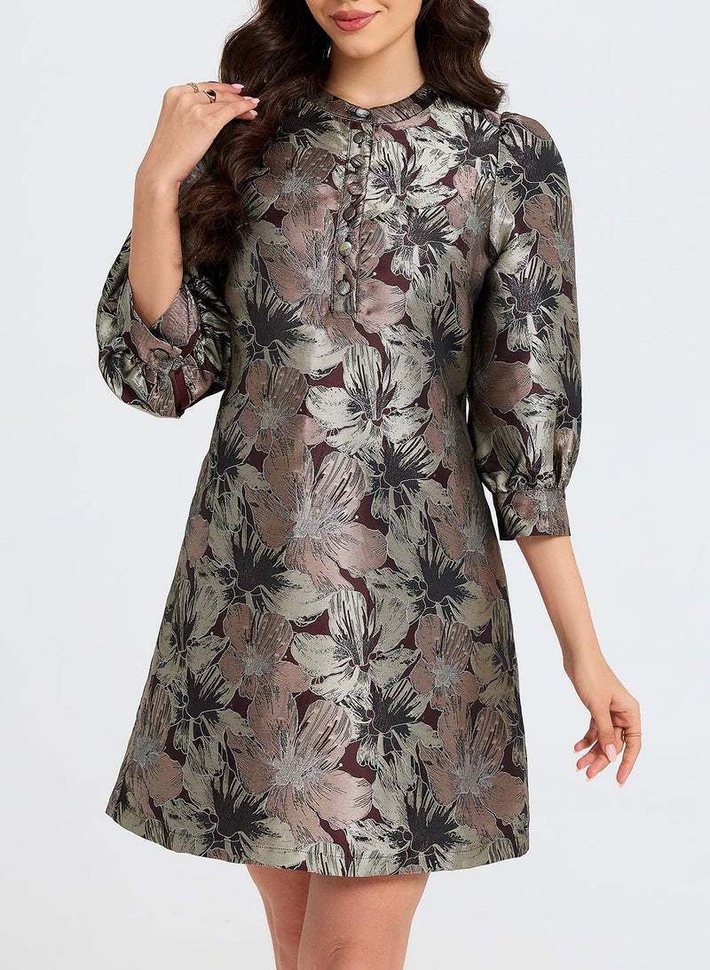 Ladyful Women's Floral Jacquard Shift Dress 2026 Long Puff Sleeve Button Up Elegant Cocktail Party Mini Dress Brown - Image 4