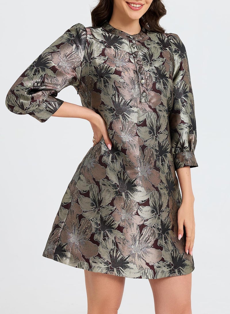 Ladyful Women's Floral Jacquard Shift Dress 2026 Long Puff Sleeve Button Up Elegant Cocktail Party Mini Dress Brown - Image 2
