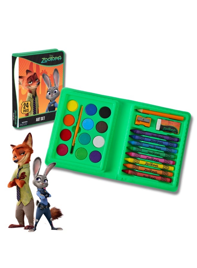 Disney Zootopia 24-Piece Art Set for Kids - All-in-One Portable Tin Art Kit with Crayons, Watercolor Paint, and Brush - Fun Travel Gift for Ages 3+ - Image 1