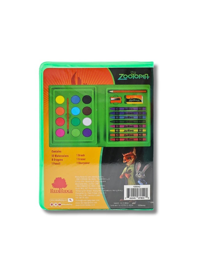 Disney Zootopia 24-Piece Art Set for Kids - All-in-One Portable Tin Art Kit with Crayons, Watercolor Paint, and Brush - Fun Travel Gift for Ages 3+ - Image 5