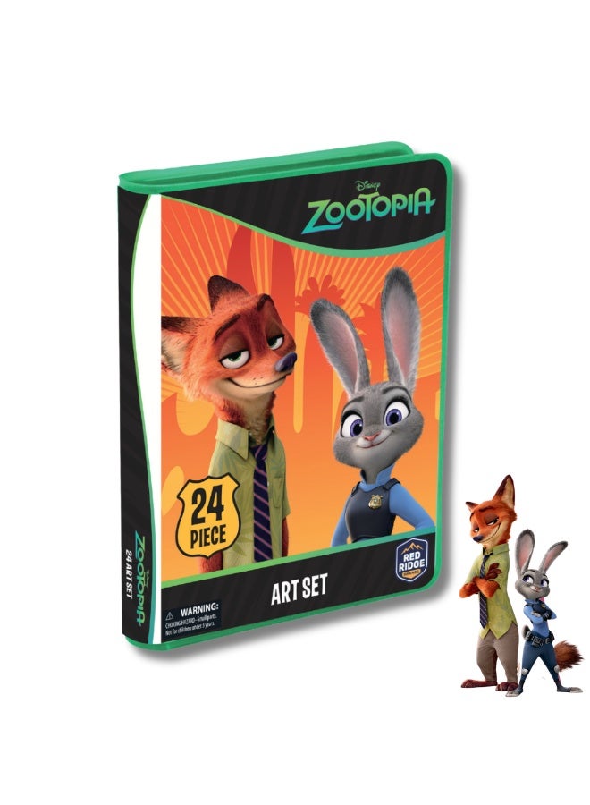 Disney Zootopia 24-Piece Art Set for Kids - All-in-One Portable Tin Art Kit with Crayons, Watercolor Paint, and Brush - Fun Travel Gift for Ages 3+ - Image 2